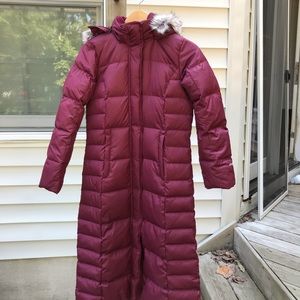 Eddie Bauer down coat with faux fur-lined hood.
